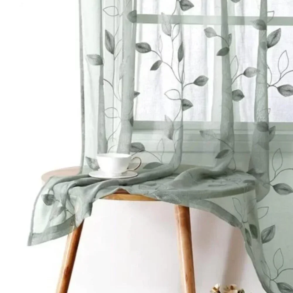Sage Green Sheer Curtains 52 X 84 Inches Long 2 Panels Embroidered Leaf Pattern